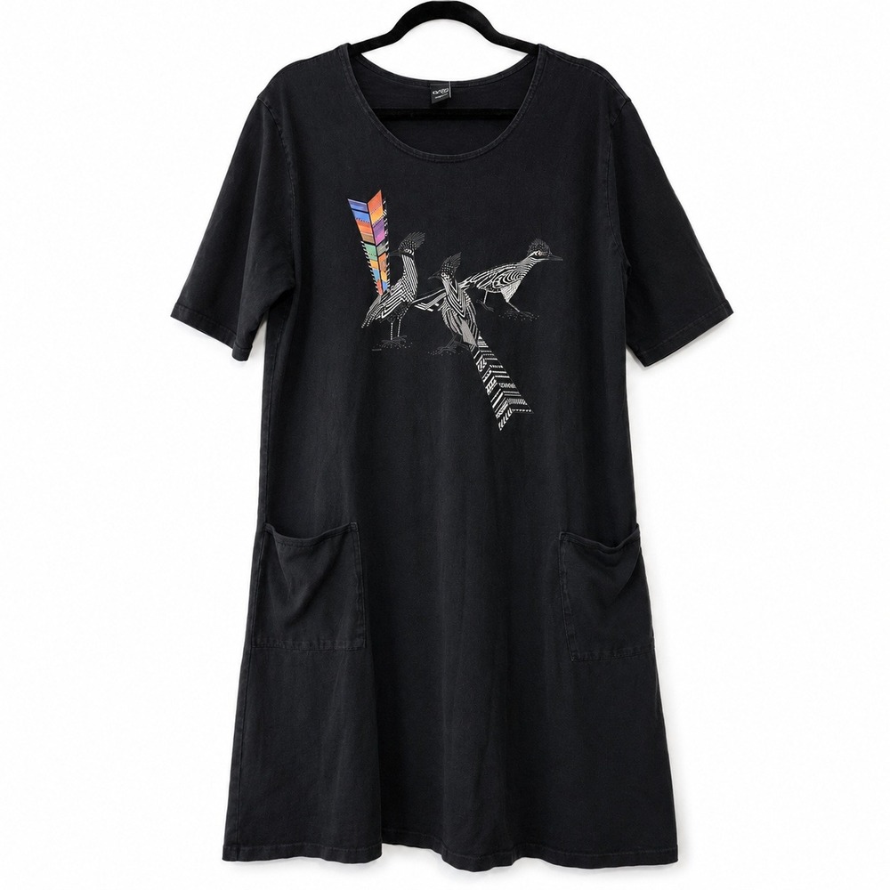 Sabaku Artwear Dress Womens L/XL Black Midi Roadrunner Pockets Southwestern USA